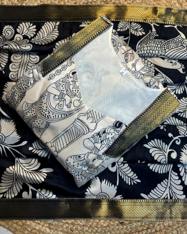 Ritu Choudhary Kalamkari Anarkali with Dupatta – Soft Dola Silk, Puff Sleeves, Lace Border